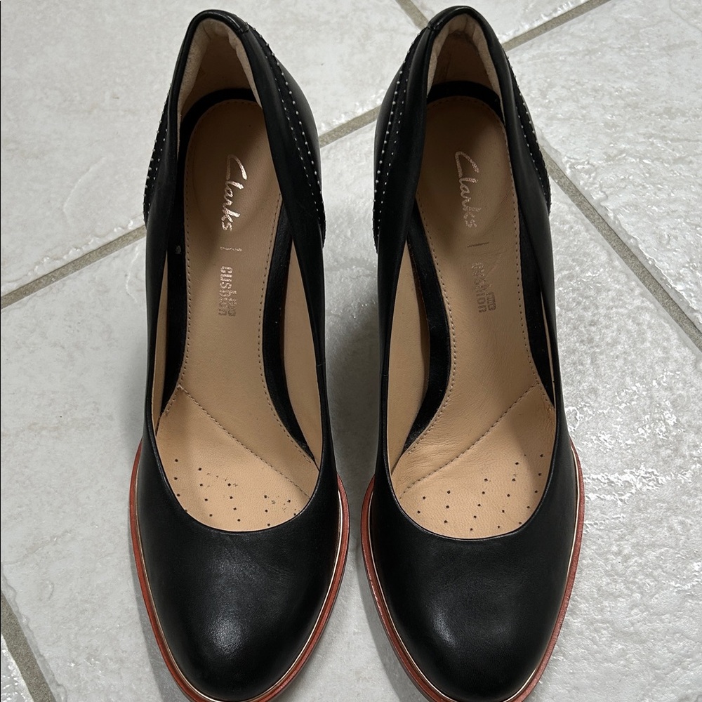 Clarks Black Leather Heels with Tan Accents
